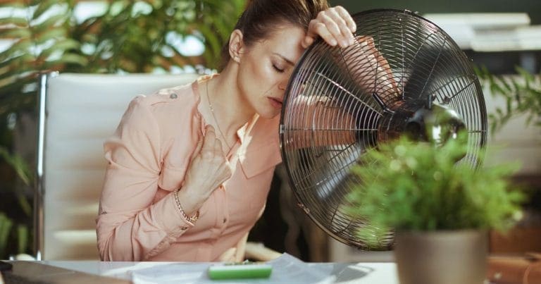 Una donna seduta a una scrivania, dall'aspetto surriscaldato e stanco, con la mano sulla fronte e sul petto, si appoggia a un grande ventilatore per trovare sollievo. Sulla scrivania sono sparsi fogli e una pianta che accenna a rimedi naturali.